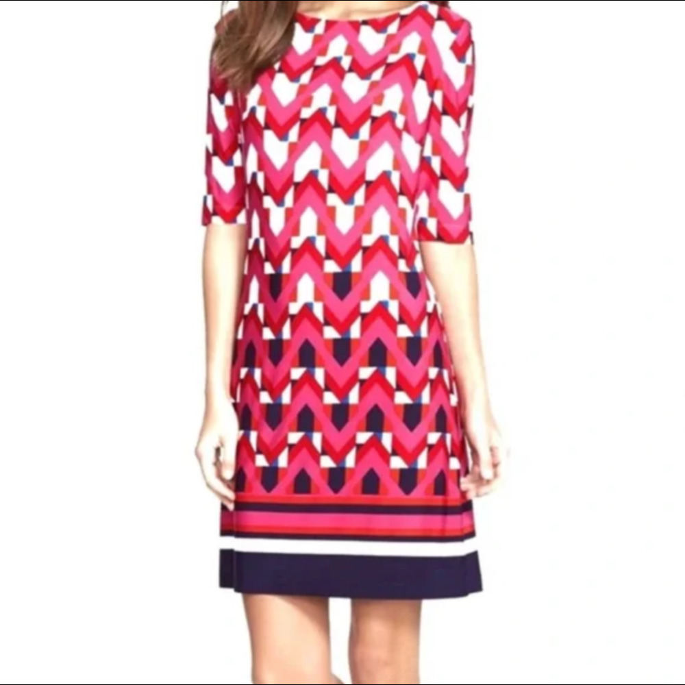 Eliza J Geometric Shift Dress Women's 6 Petite Pink Red Lined Colorful Wedding